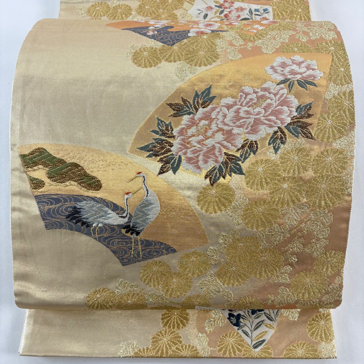 袋帶 秀品級 扇子面 花鳥 刺繡 金銀彩 金 六通 純蠶絲