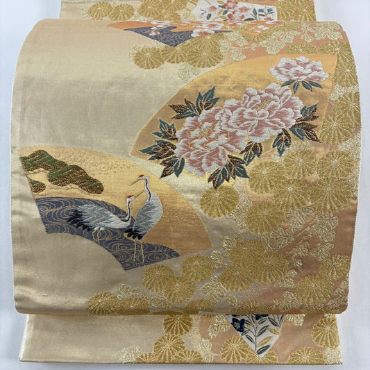 袋帶 秀品級 扇子面 花鳥 刺繡 金銀彩 金 六通 純蠶絲