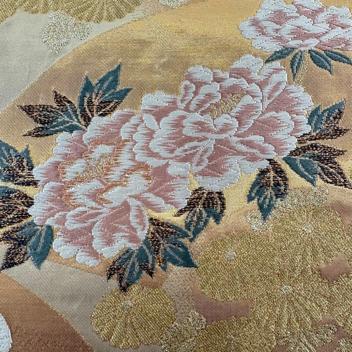 袋帶 秀品級 扇子面 花鳥 刺繡 金銀彩 金 六通 純蠶絲