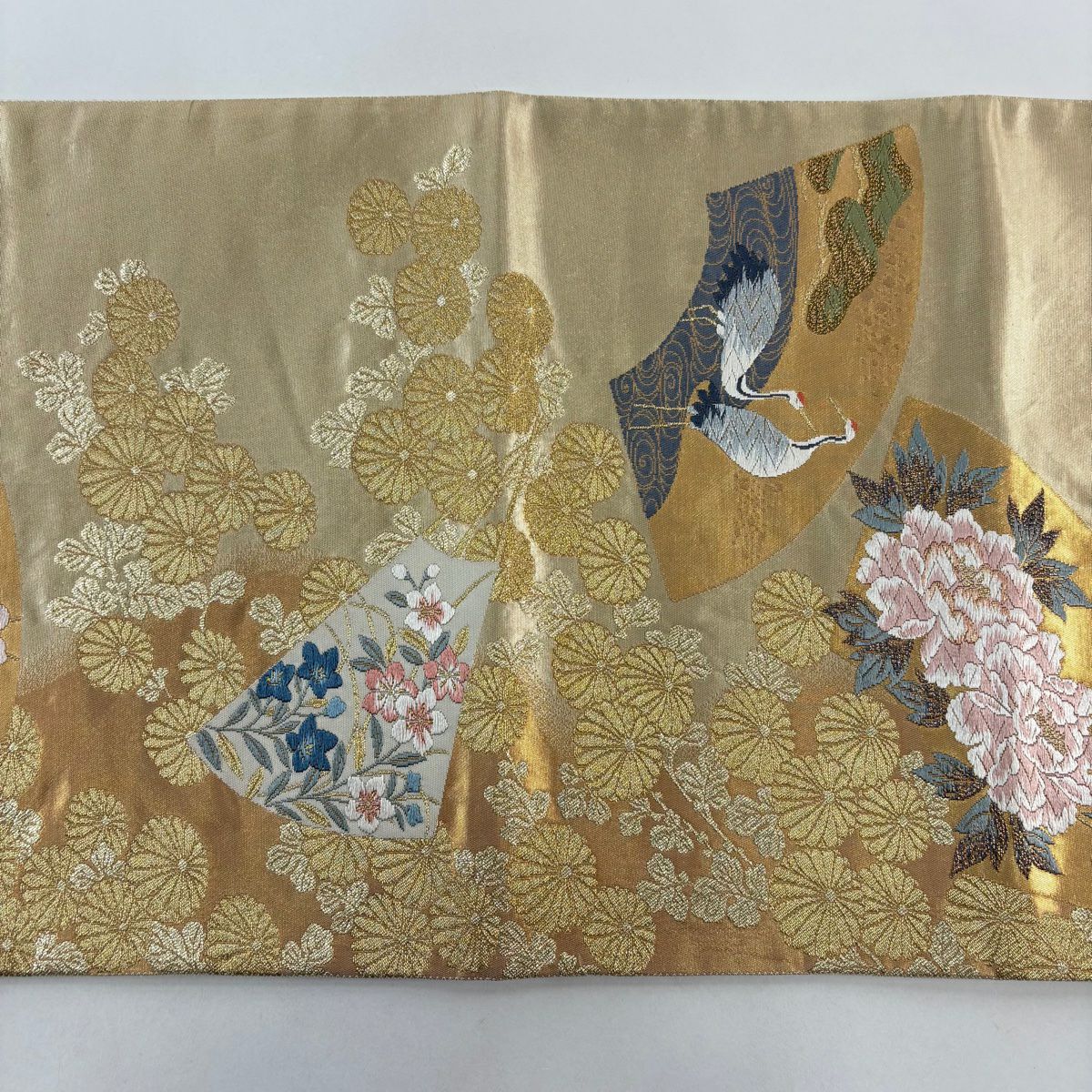 袋帶 秀品級 扇子面 花鳥 刺繡 金銀彩 金 六通 純蠶絲