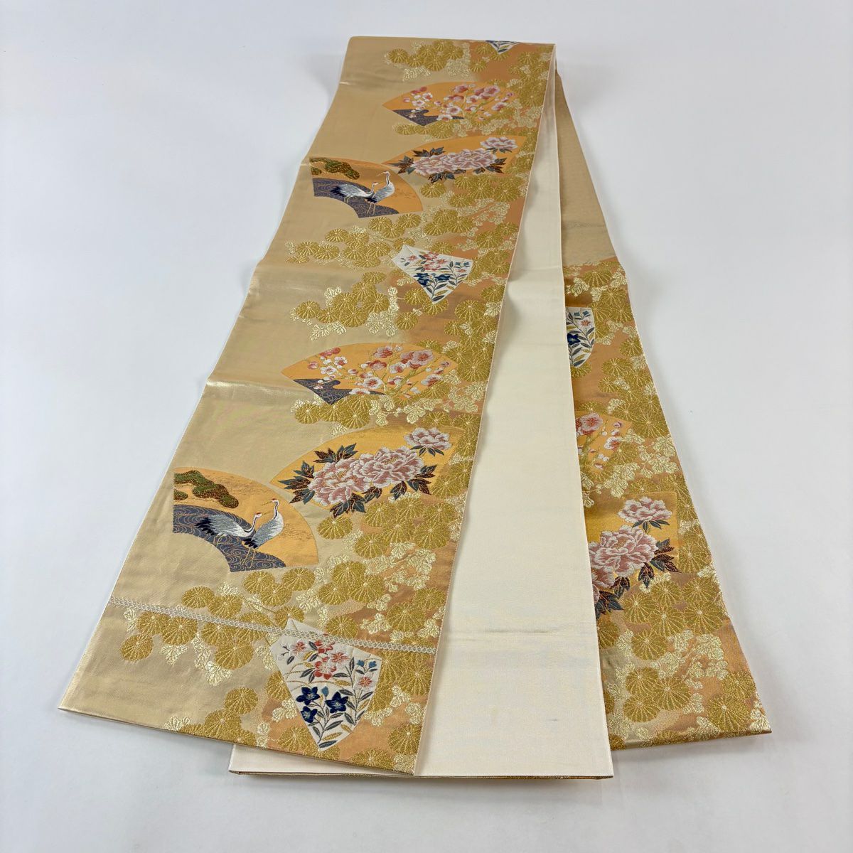 袋帶 秀品級 扇子面 花鳥 刺繡 金銀彩 金 六通 純蠶絲