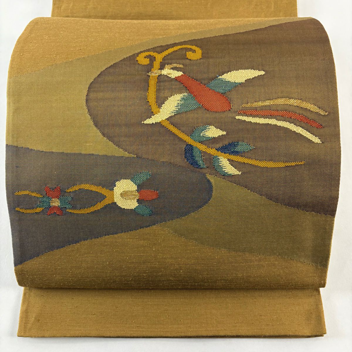 【美品】 袋帶 秀品級 紬織織 花喰鳥 花 金絲 黃土色 大鼓圖案 純蠶絲