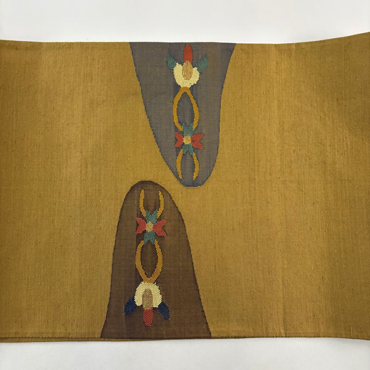 【美品】 袋帶 秀品級 紬織織 花喰鳥 花 金絲 黃土色 大鼓圖案 純蠶絲