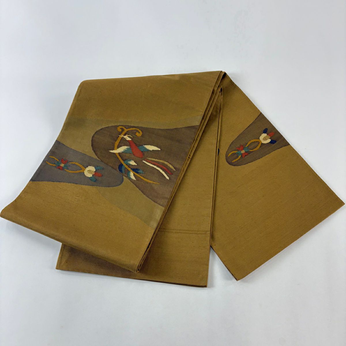 【美品】 袋帶 秀品級 紬織織 花喰鳥 花 金絲 黃土色 大鼓圖案 純蠶絲
