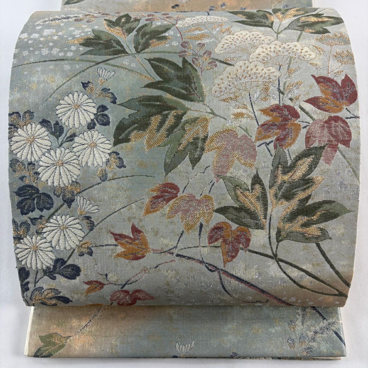 【美品】 袋帶 秀品級 琳派佳撰集 優粋 菊花 女郎花 金糸 金金箔 灰綠 六通 純蠶絲