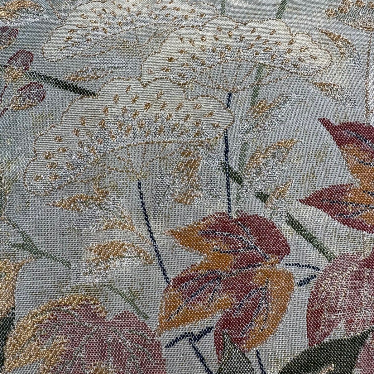 【美品】 袋帶 秀品級 琳派佳撰集 優粋 菊花 女郎花 金糸 金金箔 灰綠 六通 純蠶絲