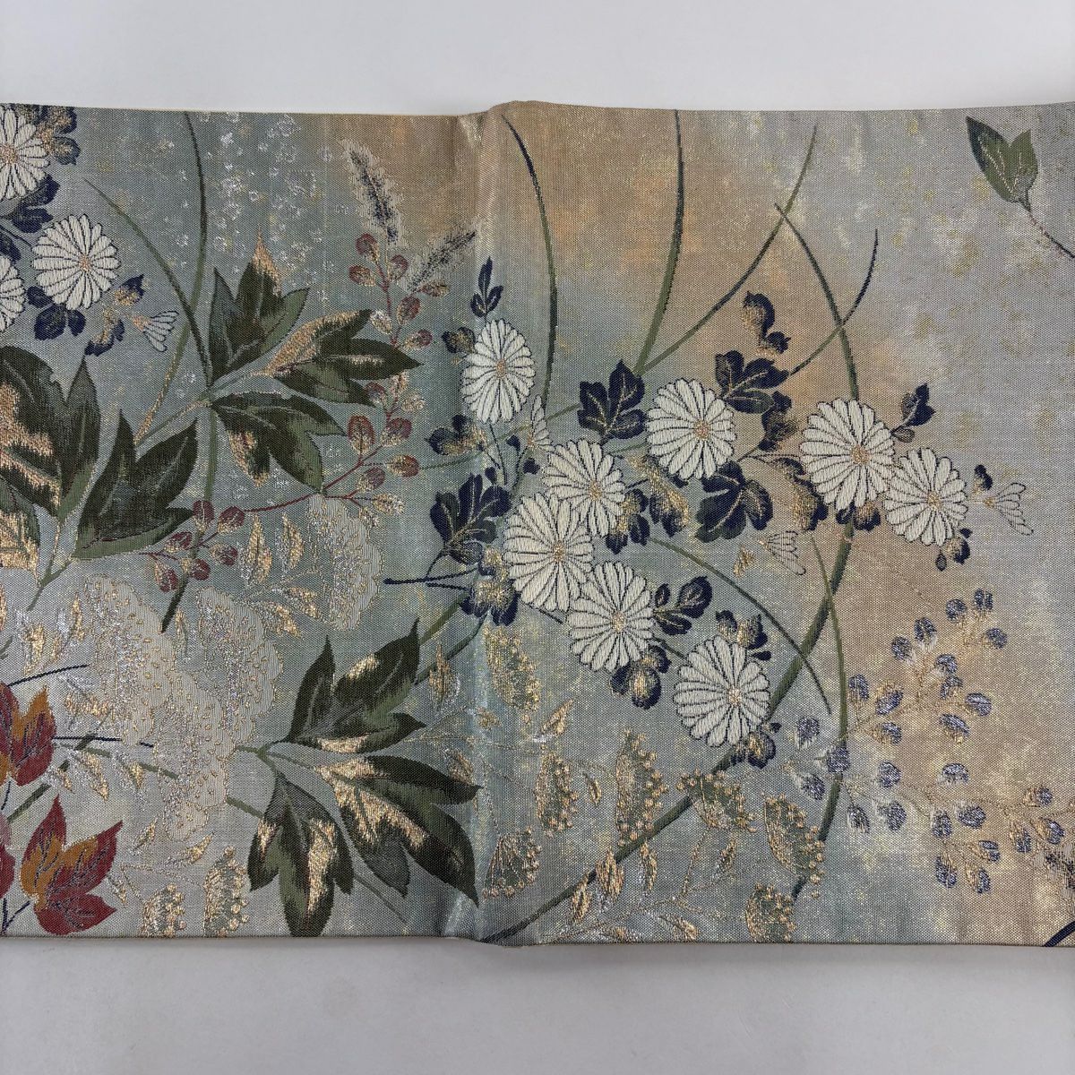 【美品】 袋帶 秀品級 琳派佳撰集 優粋 菊花 女郎花 金糸 金金箔 灰綠 六通 純蠶絲