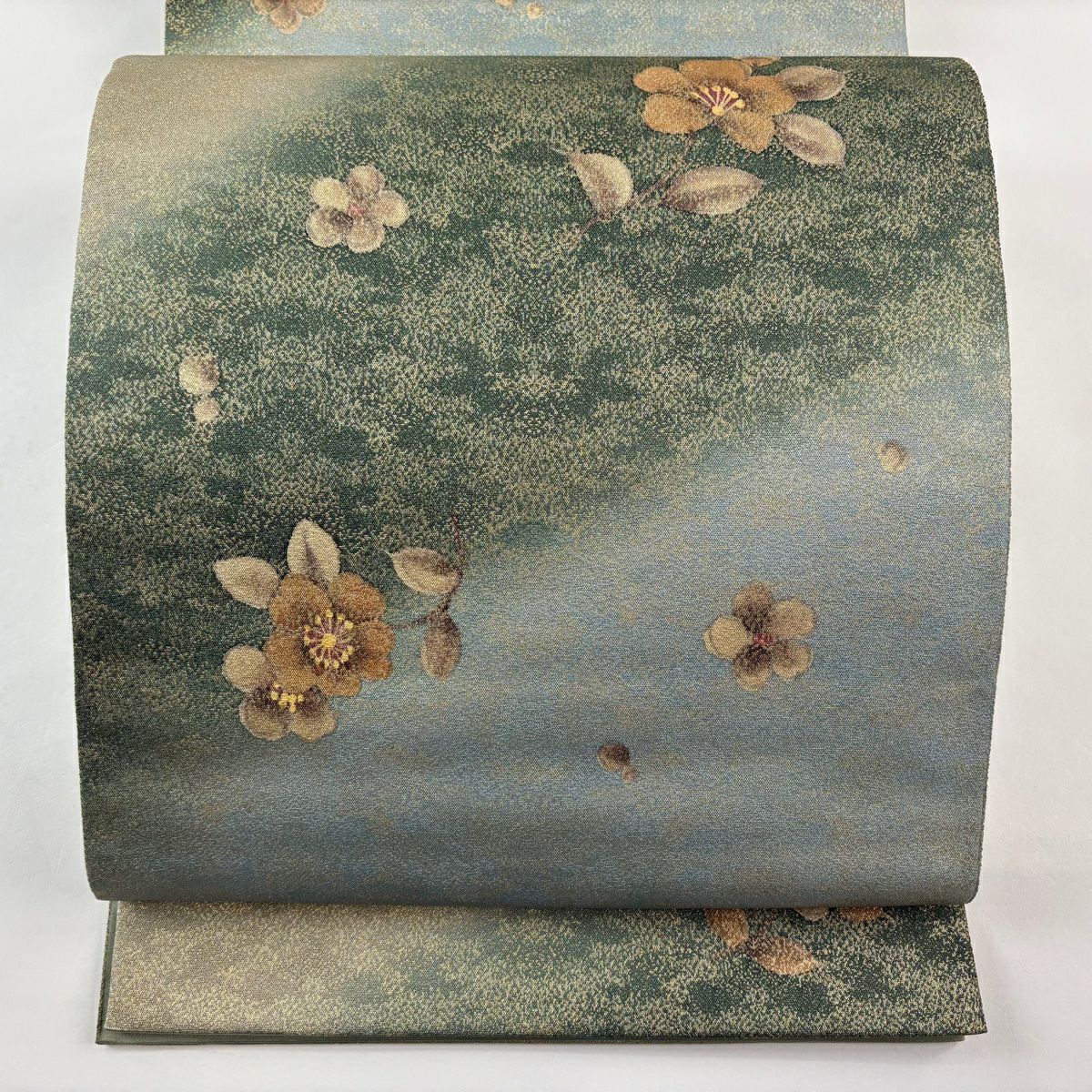 【美品】 袋帶 秀品級 草花紋 金糸 茶綠 深藍色 お太鼓柄 純蠶絲