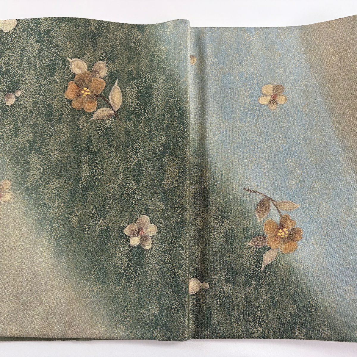 【美品】 袋帶 秀品級 草花紋 金糸 茶綠 深藍色 お太鼓柄 純蠶絲