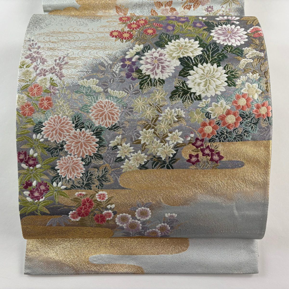 【美品】 袋帶 秀品級 重陽花水 水色 大鼓圖案 純蠶絲