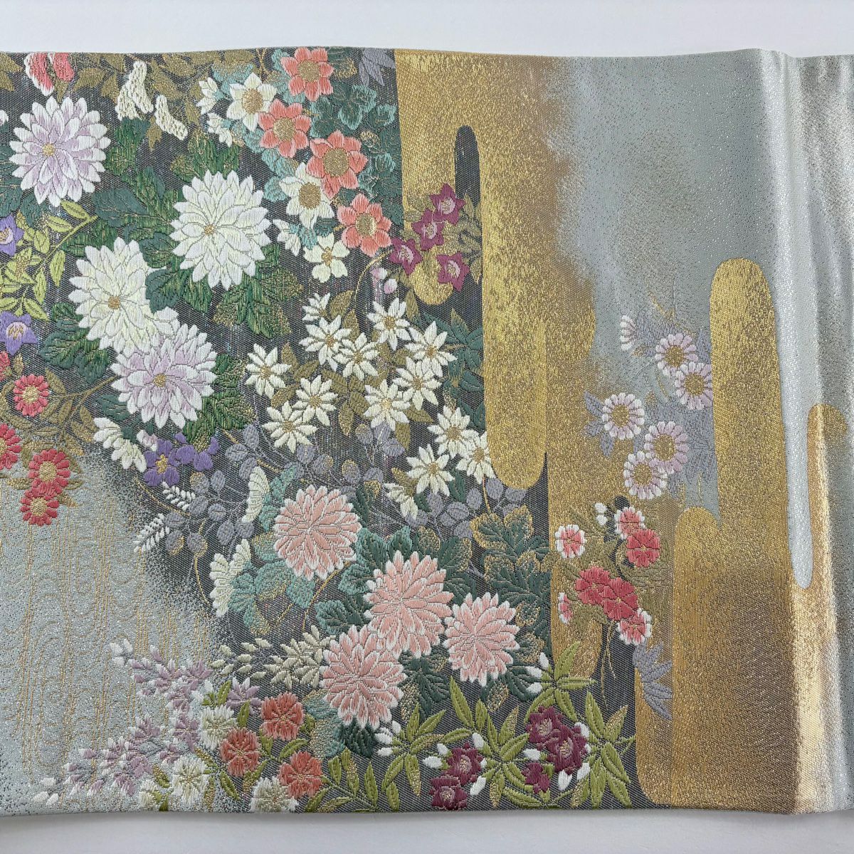 【美品】 袋帶 秀品級 重陽花水 水色 大鼓圖案 純蠶絲