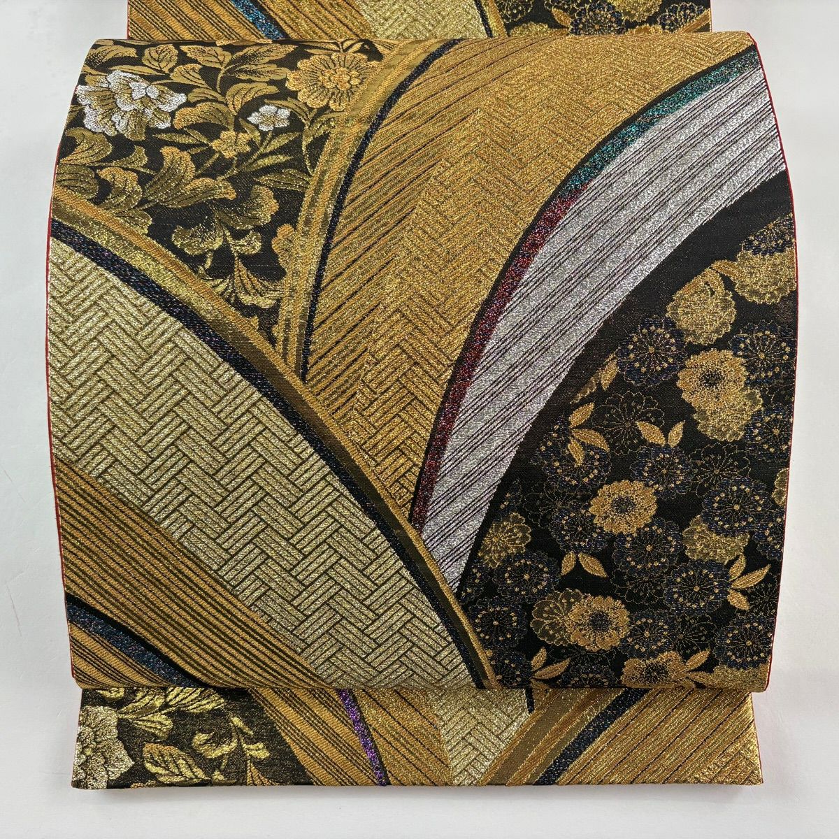 【美品】 袋帶 秀品級 線調花舞錦 振袖禮服禮服用 草花紋紋 幾何學 金色 六通 純蠶絲