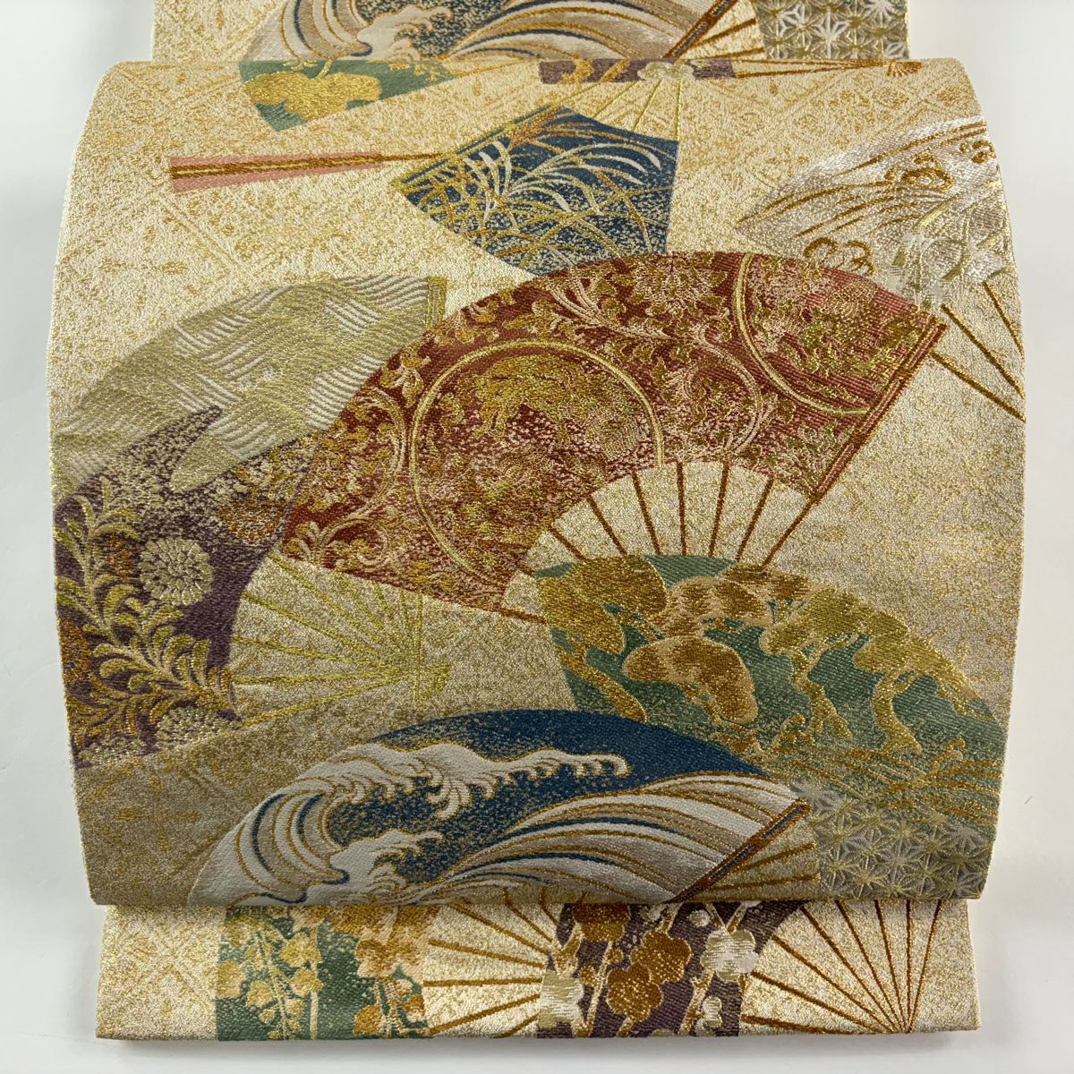 【美品】 袋帶 秀品級 扇子 草花紋 金絲 金金箔 金色 六通 純蠶絲