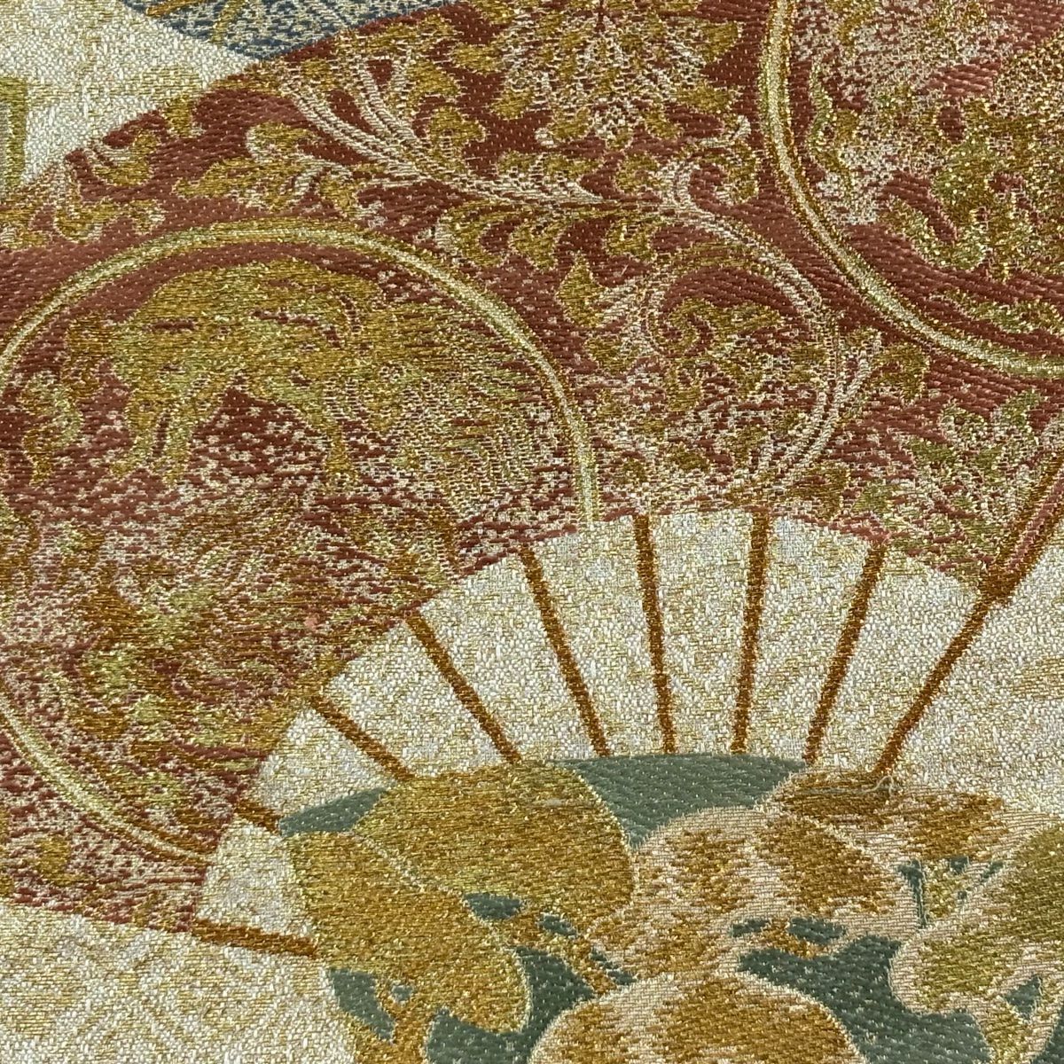 【美品】 袋帶 秀品級 扇子 草花紋 金絲 金金箔 金色 六通 純蠶絲