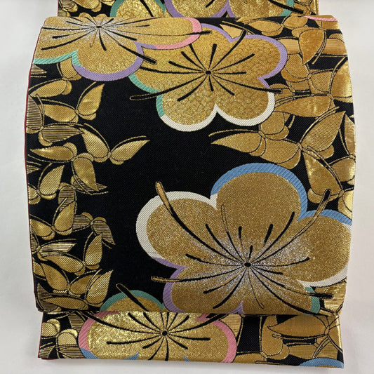 袋帶 秀品級 振袖禮服禮服用 梅花 蝶 金金箔 黑 六通 純蠶絲