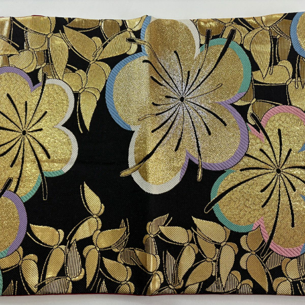 袋帶 秀品級 振袖禮服禮服用 梅花 蝶 金金箔 黑 六通 純蠶絲