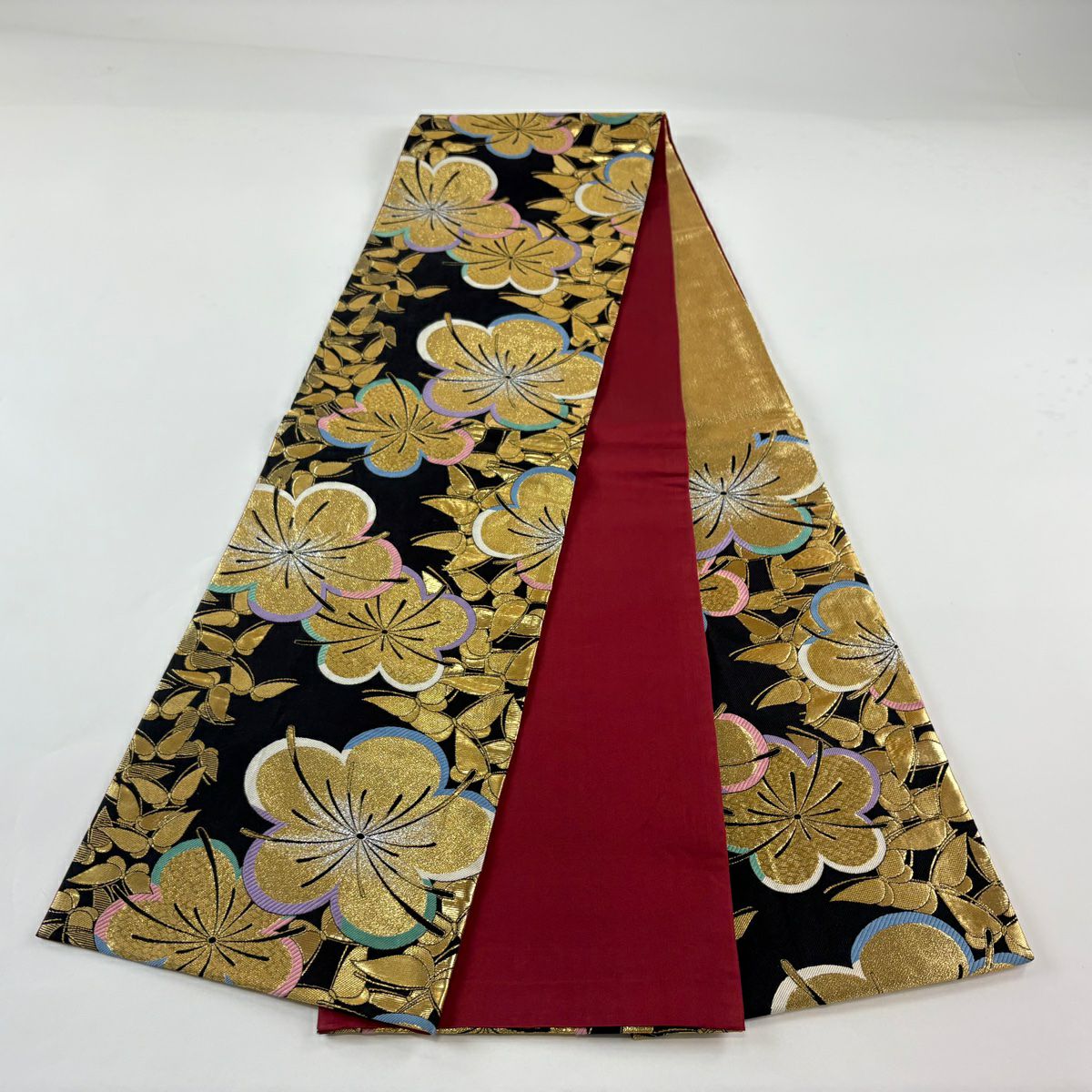 袋帶 秀品級 振袖禮服禮服用 梅花 蝶 金金箔 黑 六通 純蠶絲