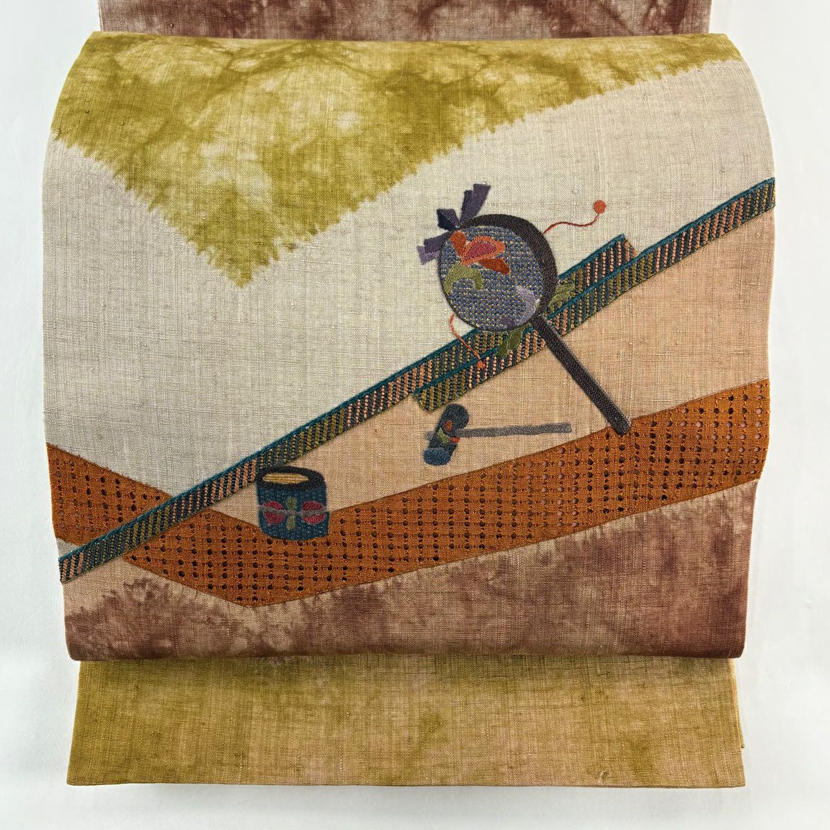 【美品】 袋帶 秀品級 紬織織 でんでん太鼓 玩具 刺繡 灰茶 お太鼓柄 純蠶絲