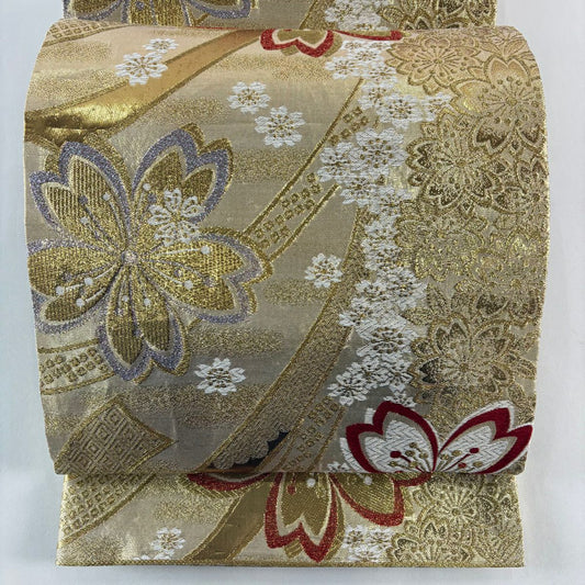 袋帶 秀品級 櫻花 熨斗紋 金絲 金金箔 金 六通 純蠶絲