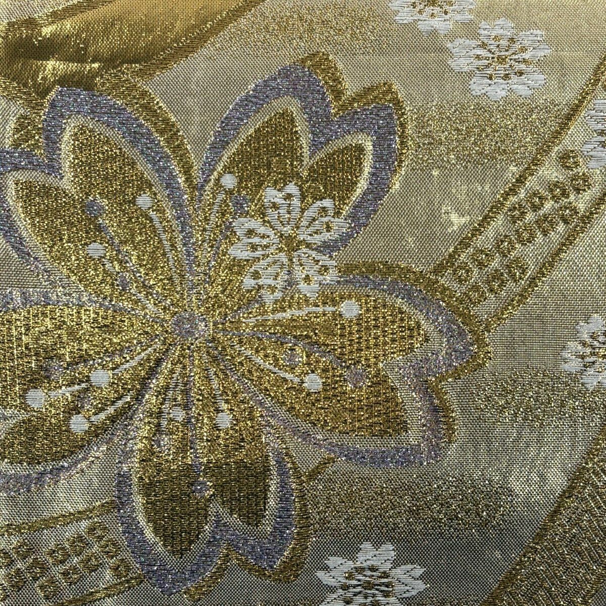 袋帶 秀品級 櫻花 熨斗紋 金絲 金金箔 金 六通 純蠶絲