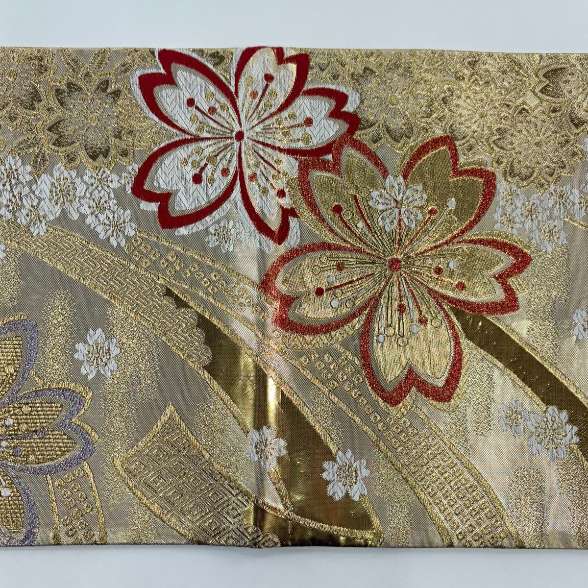 袋帶 秀品級 櫻花 熨斗紋 金絲 金金箔 金 六通 純蠶絲