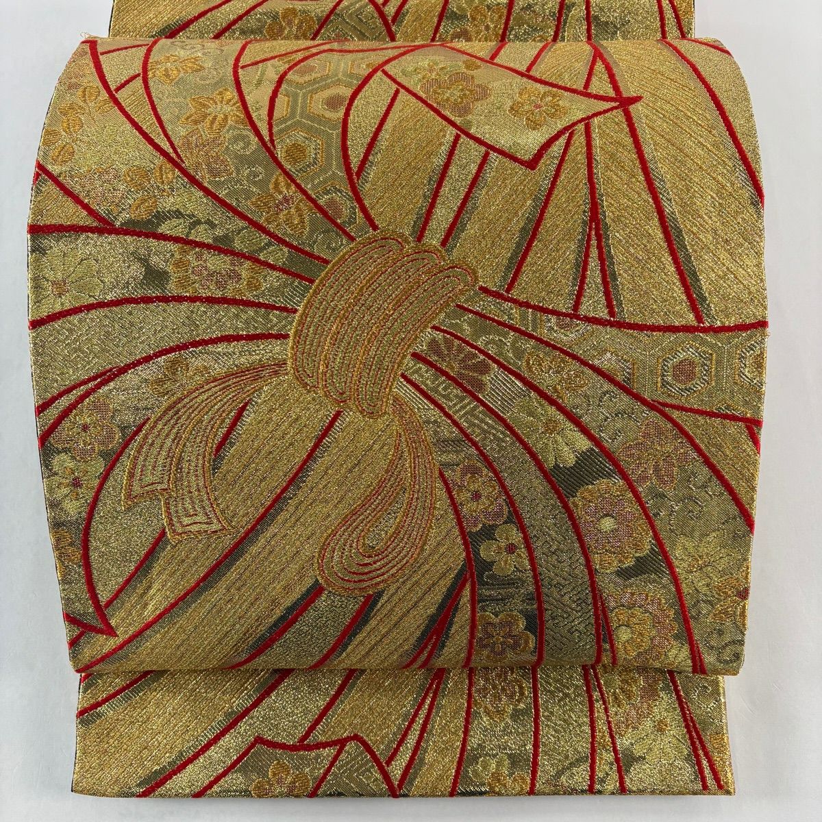 【美品】 袋帶 秀品級 束捲熨斗紋 花唐草紋 金絲 金金箔 金色 全通 純蠶絲