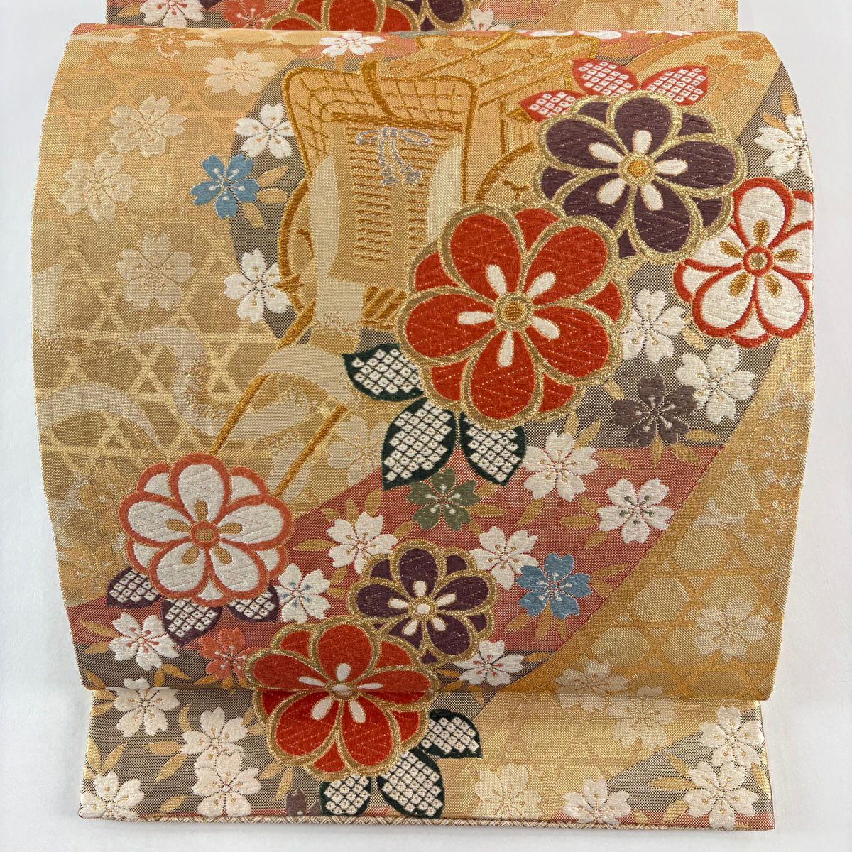 袋帶 秀品級 御所車 梅花 金銀彩 唐織 金色 六通 純蠶絲