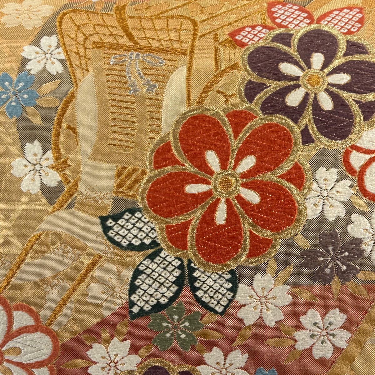 袋帶 秀品級 御所車 梅花 金銀彩 唐織 金色 六通 純蠶絲
