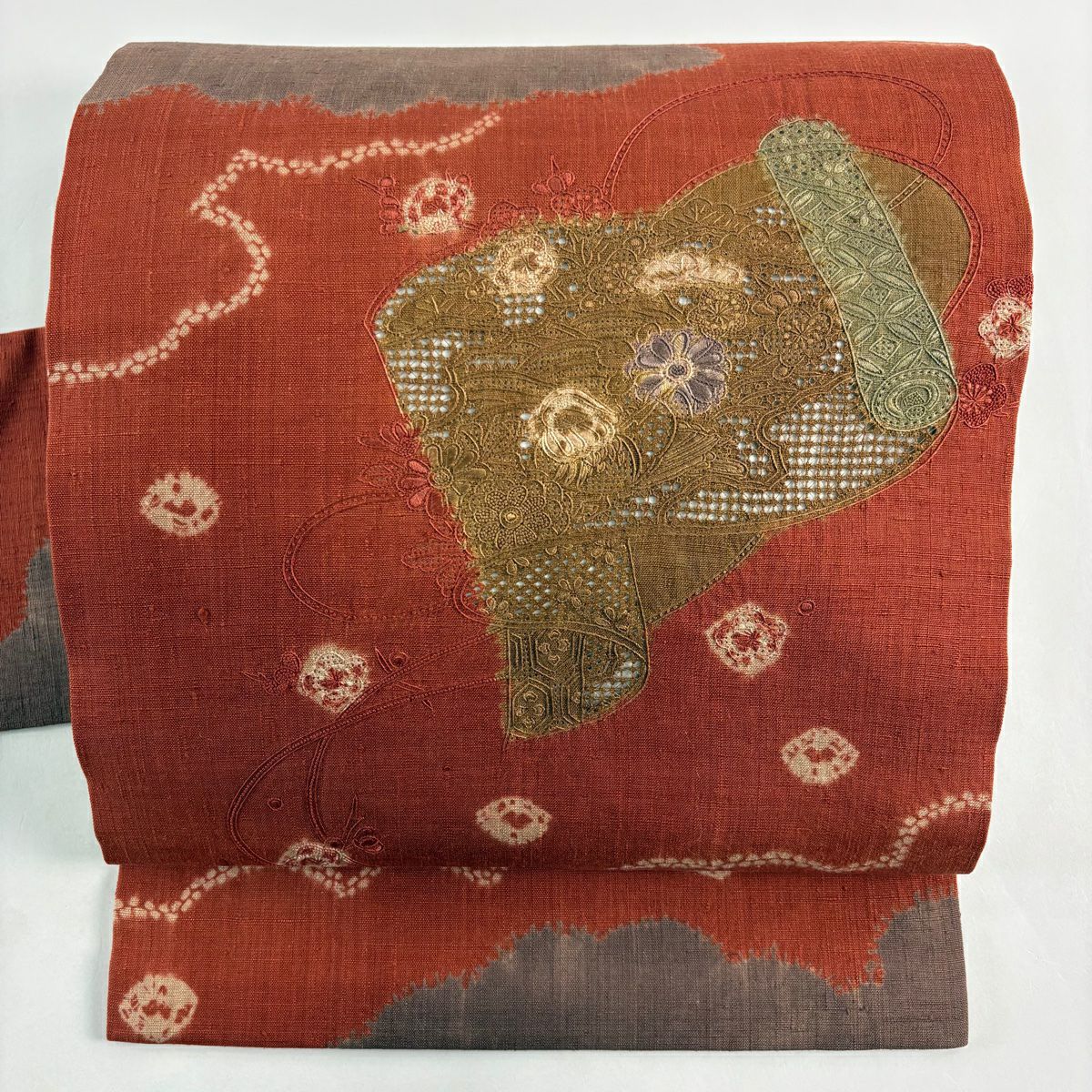 【美品】名古屋帶 優品級 紬織織布 反物 花鳥 絞染 刺繡 紅茶 純蠶絲