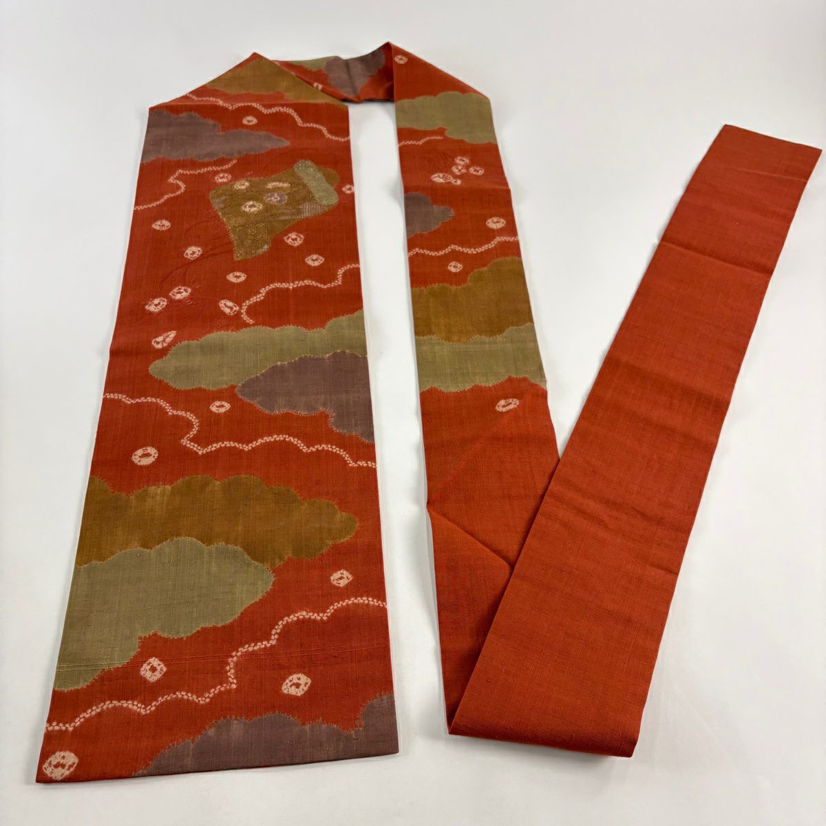 【美品】名古屋帶 優品級 紬織織布 反物 花鳥 絞染 刺繡 紅茶 純蠶絲