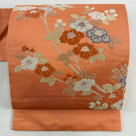 名古屋帶 秀品級 椿 刺繡 鮭粉色 純蠶絲
