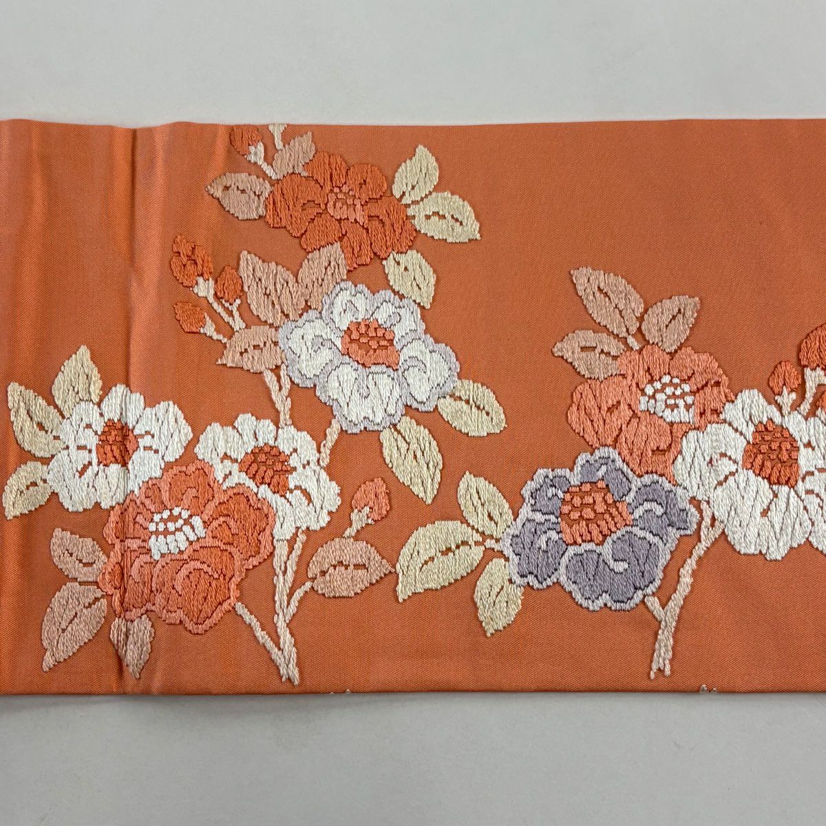 名古屋帶 秀品級 椿 刺繡 鮭粉色 純蠶絲