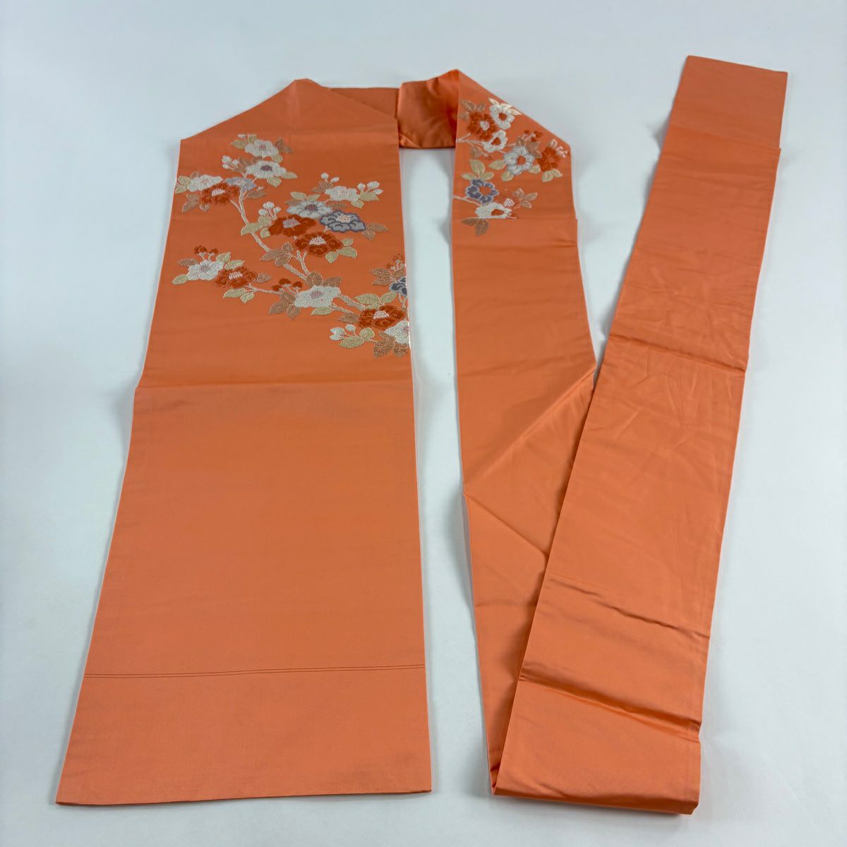名古屋帶 秀品級 椿 刺繡 鮭粉色 純蠶絲