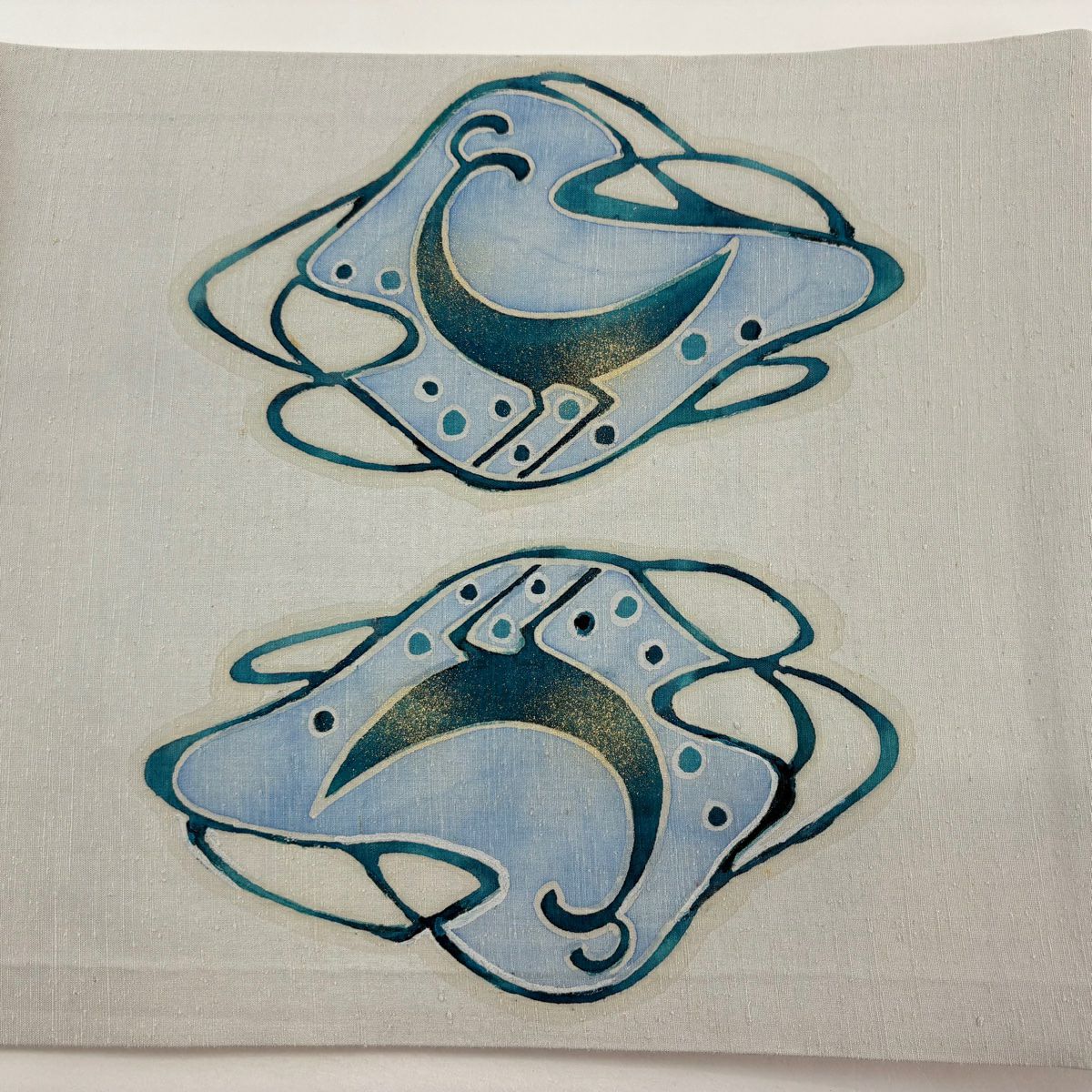 開口名古屋帶 優品級 紬織織 鳥 幾何學 金銀彩 青灰 純蠶絲