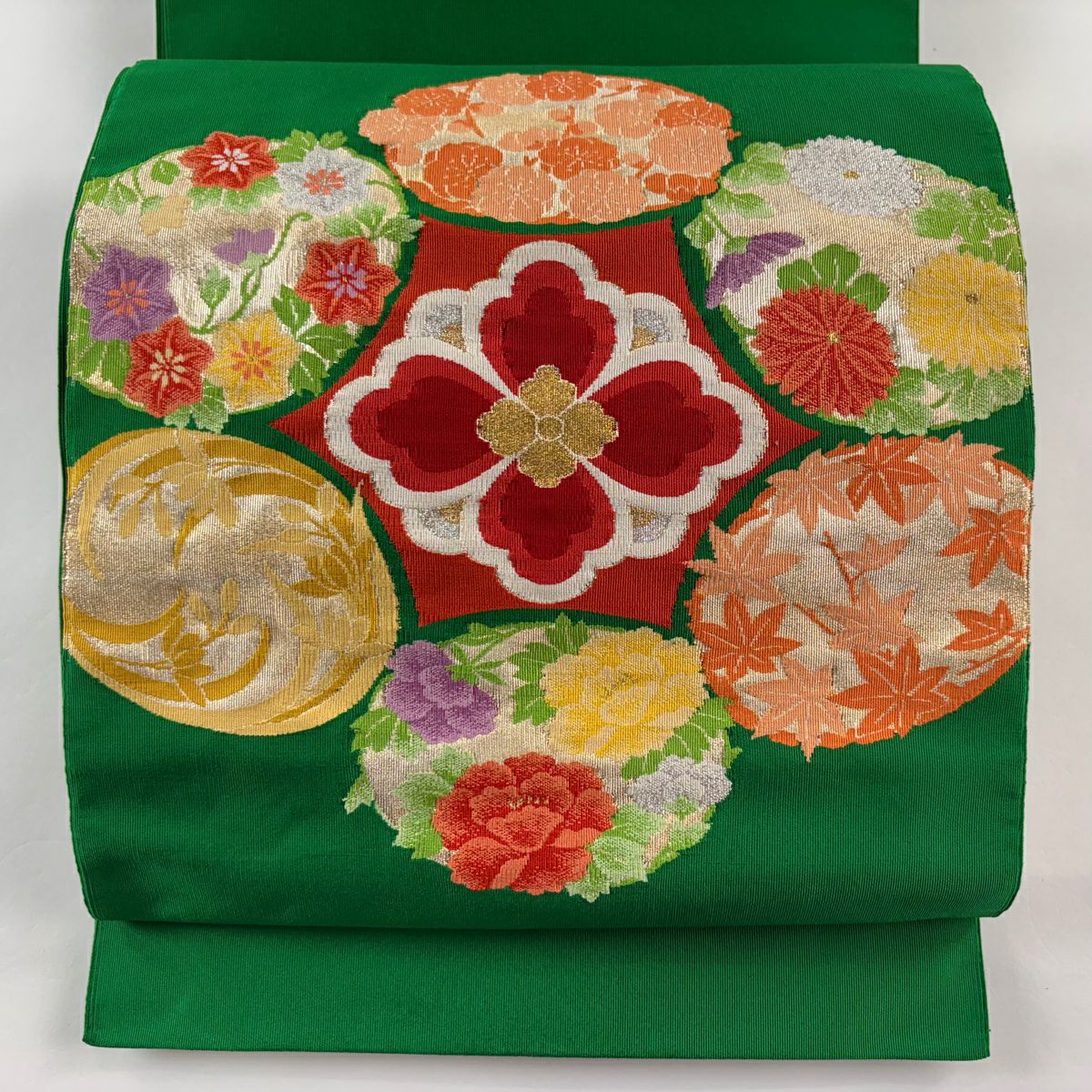 名古屋帶 秀品級 附落款 八寸名古屋帶 松樹葉仕立 河村織物 花丸紋 花菱 金銀彩 綠 純蠶絲