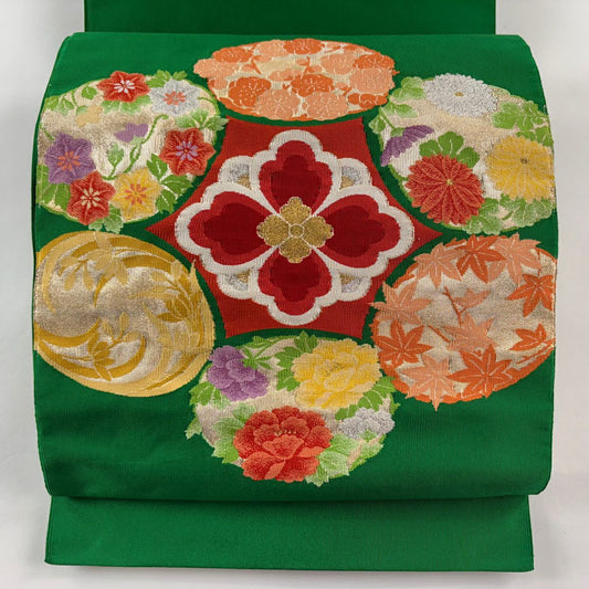 名古屋帶 秀品級 附落款 八寸名古屋帶 松樹葉仕立 河村織物 花丸紋 花菱 金銀彩 綠 純蠶絲