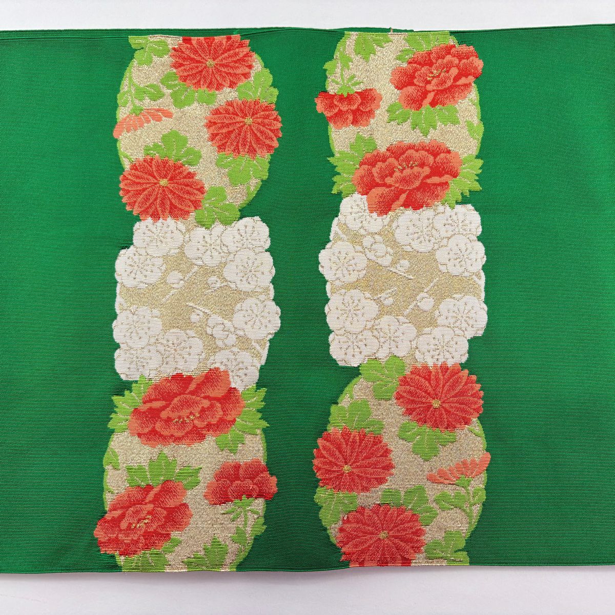 名古屋帶 秀品級 附落款 八寸名古屋帶 松樹葉仕立 河村織物 花丸紋 花菱 金銀彩 綠 純蠶絲
