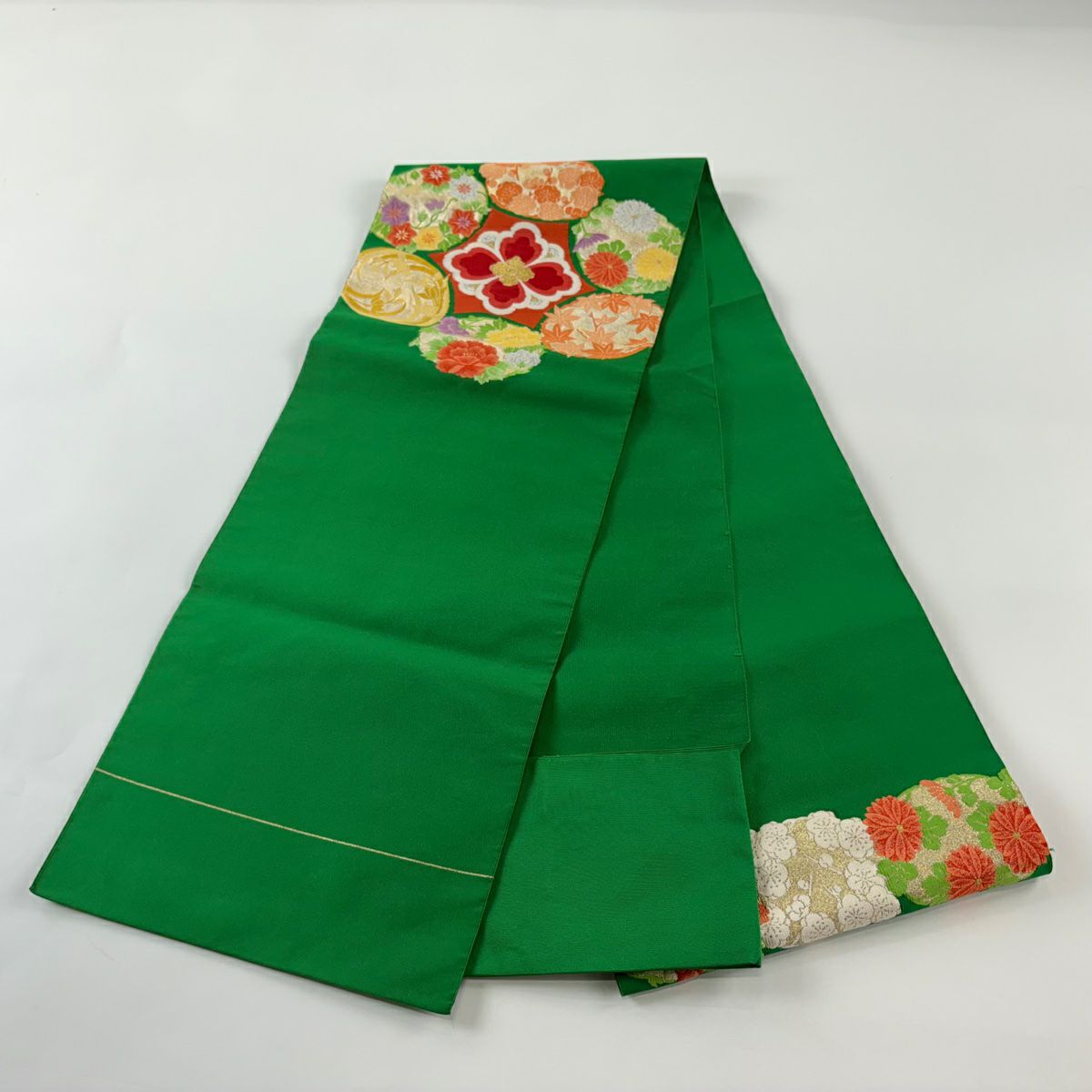 名古屋帶 秀品級 附落款 八寸名古屋帶 松樹葉仕立 河村織物 花丸紋 花菱 金銀彩 綠 純蠶絲