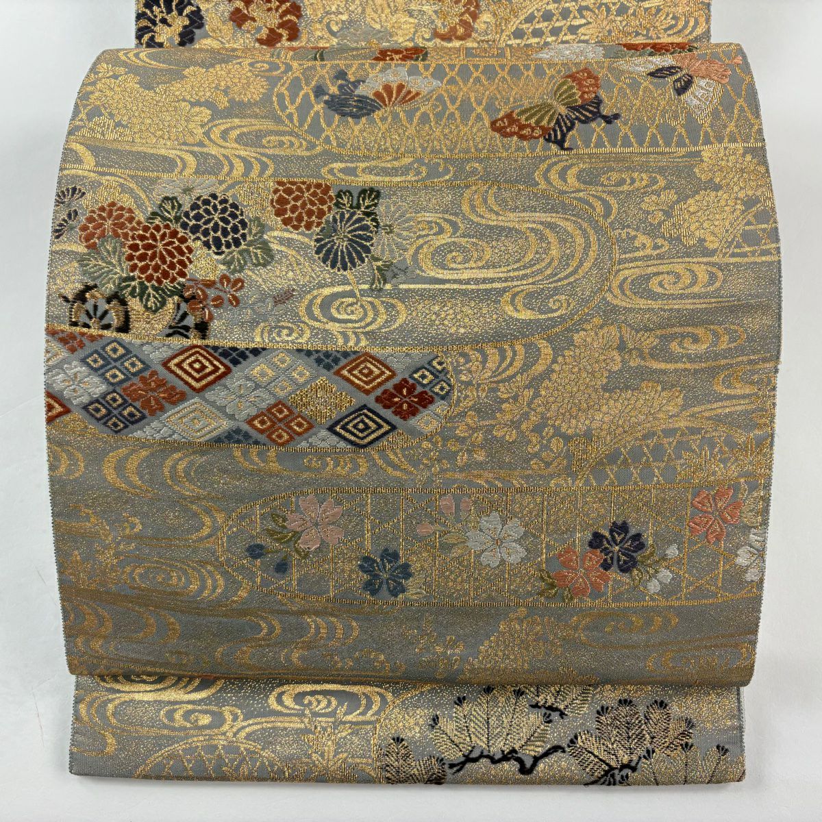 【美品】 袋帶 秀品級 草花紋 蝶 唐織 金金箔 灰 深藍 六通 純蠶絲