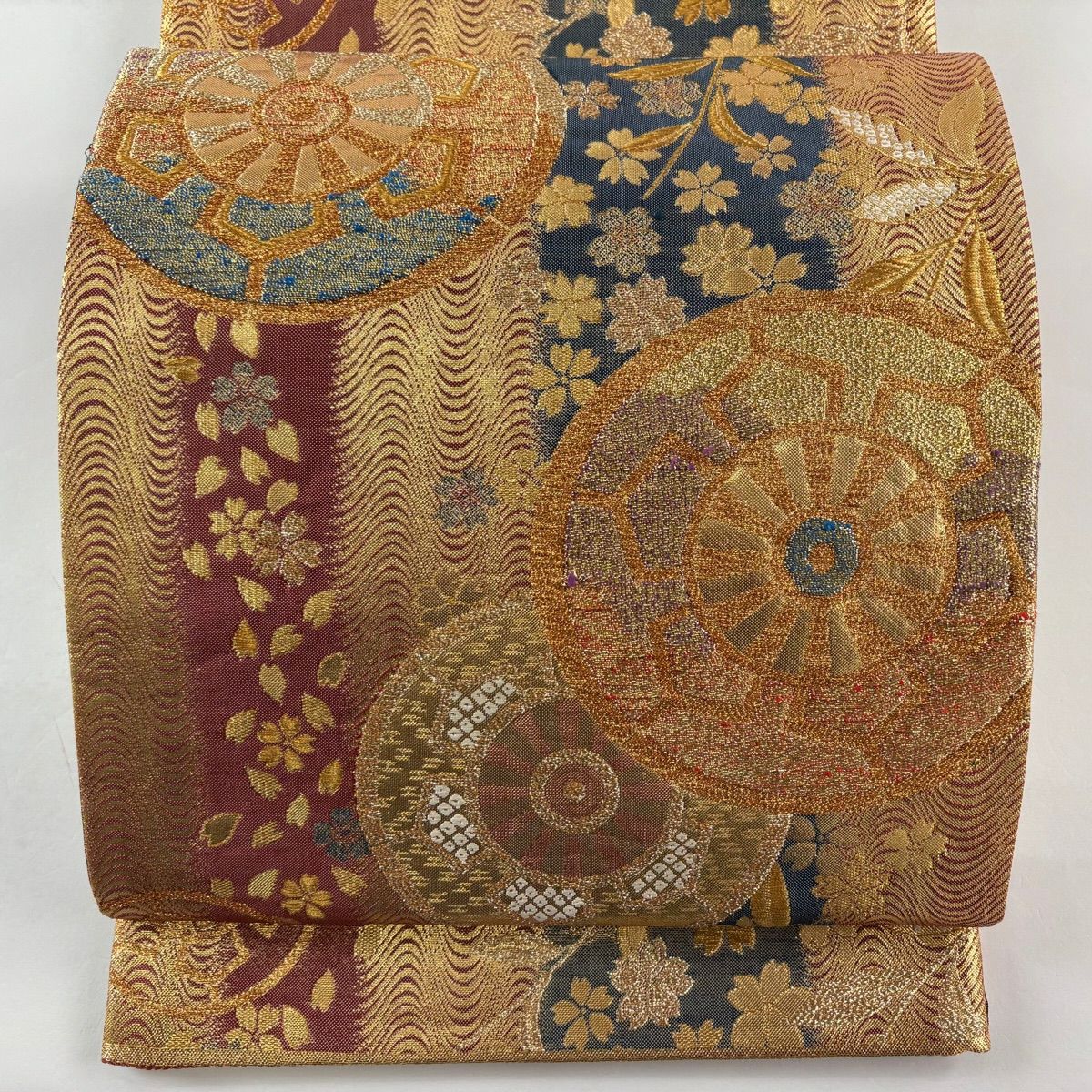 【美品】 袋帶 秀品級 關西仕立 紅葉車 櫻花 金金箔 金色 六通 純蠶絲