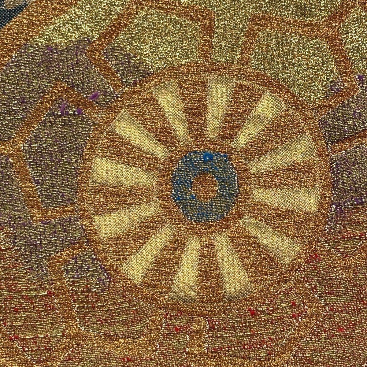 【美品】 袋帶 秀品級 關西仕立 紅葉車 櫻花 金金箔 金色 六通 純蠶絲