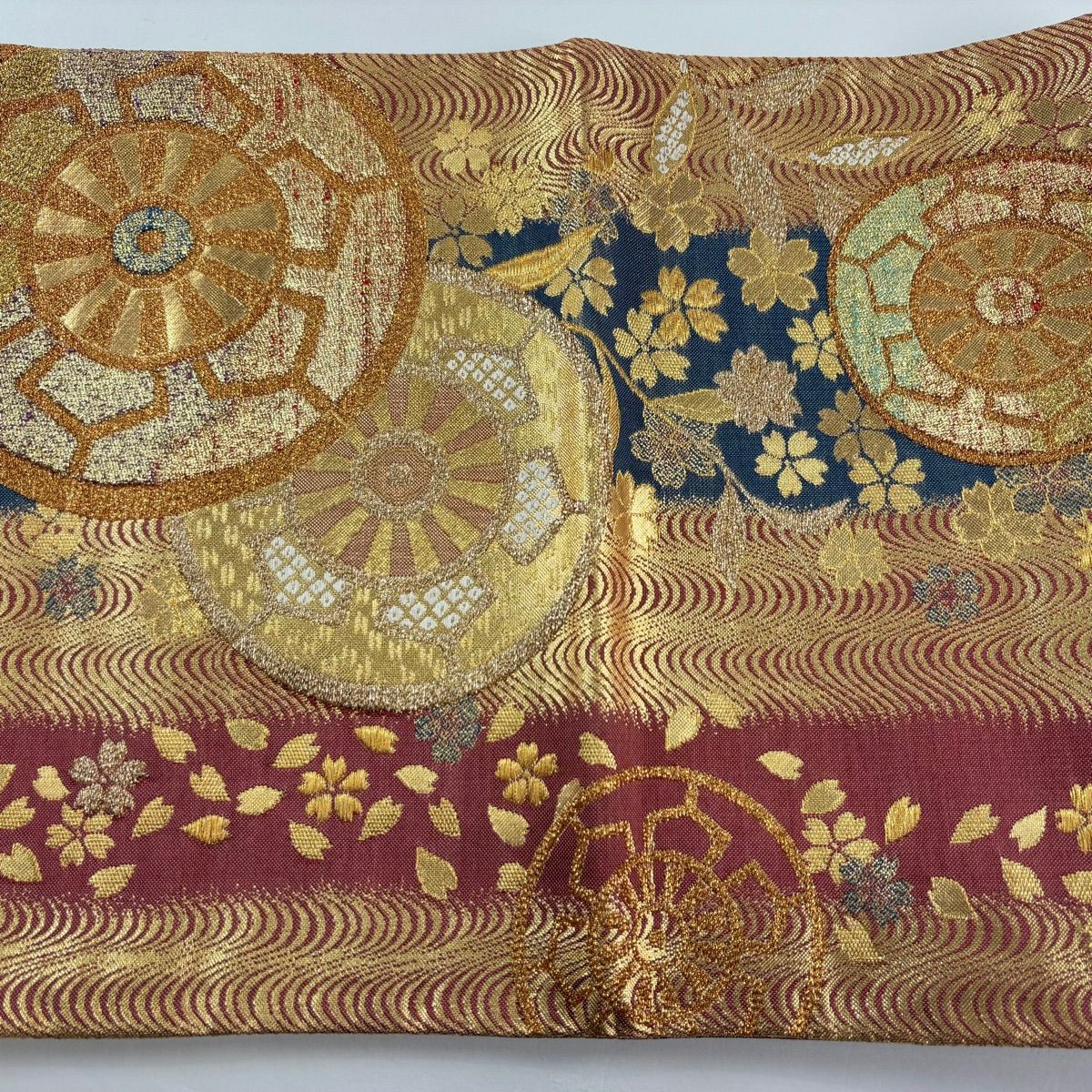 【美品】 袋帶 秀品級 關西仕立 紅葉車 櫻花 金金箔 金色 六通 純蠶絲