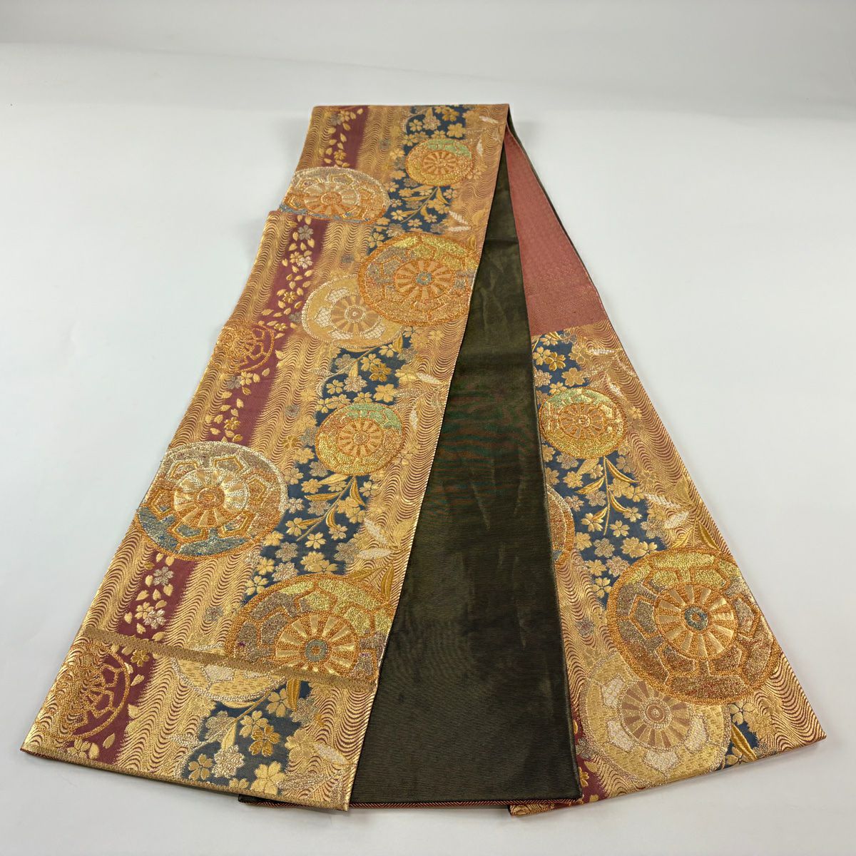 【美品】 袋帶 秀品級 關西仕立 紅葉車 櫻花 金金箔 金色 六通 純蠶絲