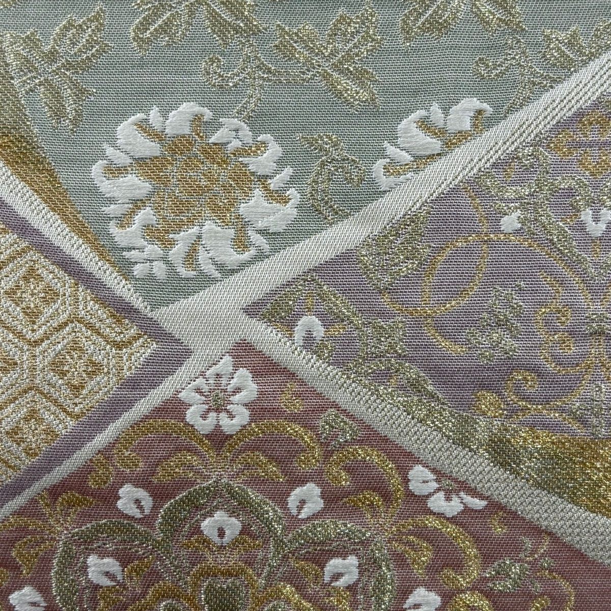 【美品】 袋帶 秀品級 華紋 花唐草紋 金絲 米色 六通 純蠶絲