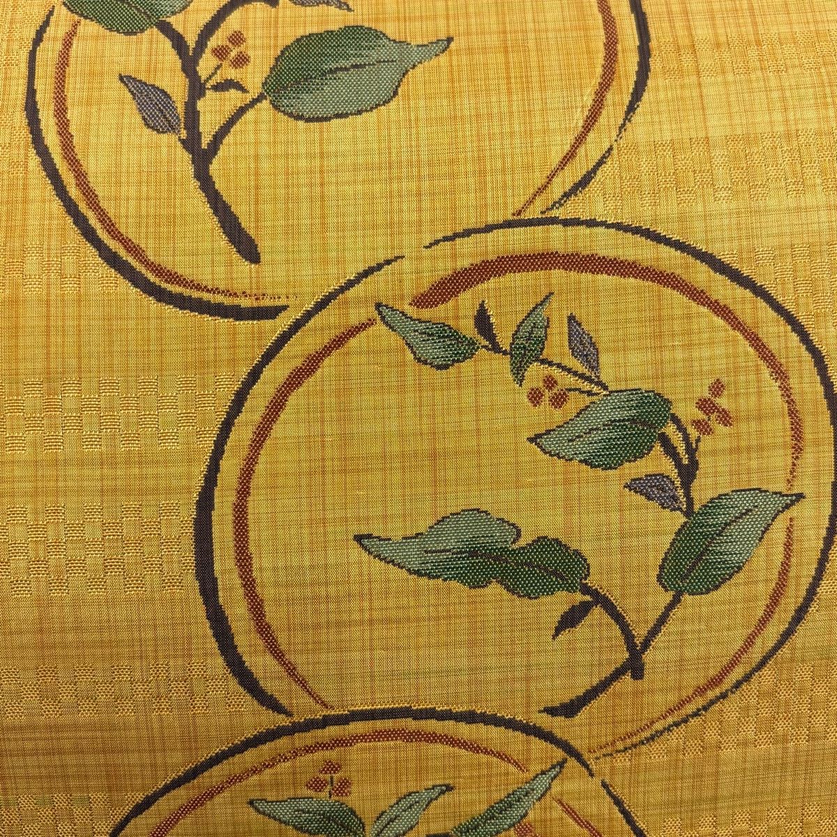 【美品】 袋帶 秀品級 紬織織 陶漆 圓紋 葉與果 薄橙 六通 純蠶絲