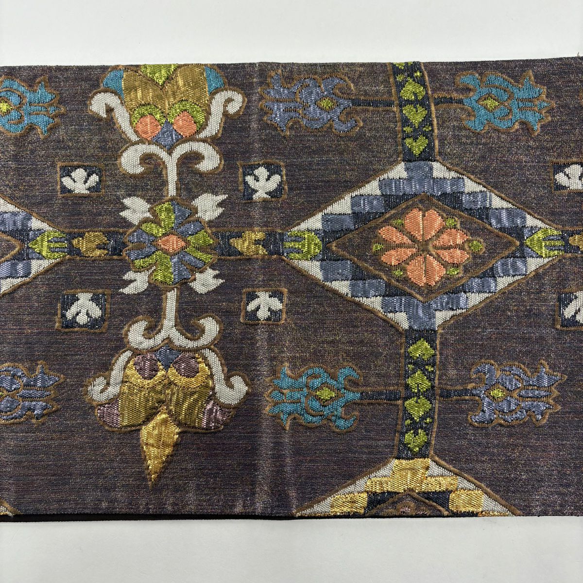 袋帶 秀品級 向鳥 草花紋紋 金金箔 金銀彩 紫 六通 純蠶絲