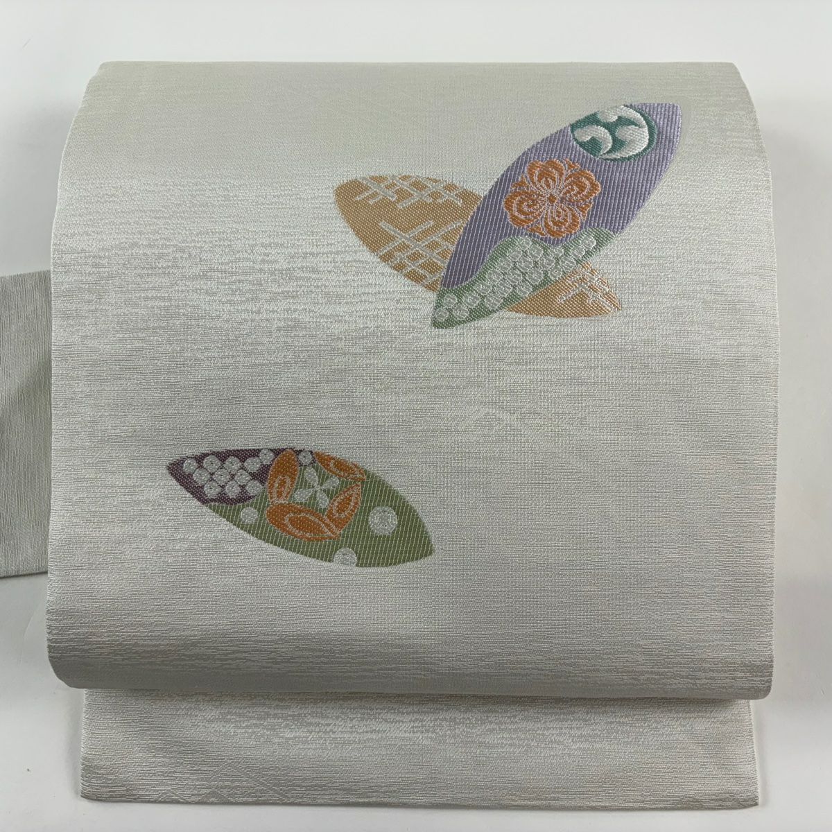 【美品】名古屋帶 秀品級 草花紋幾何圖案 灰白 純蠶絲