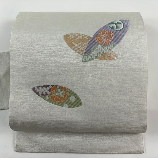 【美品】名古屋帶 秀品級 草花紋幾何圖案 灰白 純蠶絲