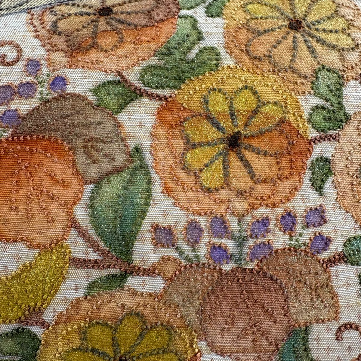 【美品】 名古屋帶 優品級 紬織織 菊花花 扇子面 刺繡 金金箔 米色 純蠶絲