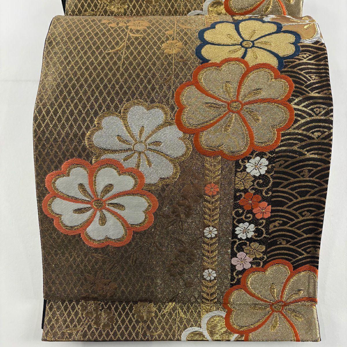 袋帶 秀品級 樱花 波紋 金金箔 唐織 金色 六通 純蠶絲